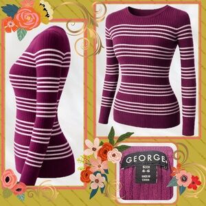 Vintage George Ribbed Stripe Sweater S (4-6) 90s Y2K Fitted Knit Long Sleeve Top